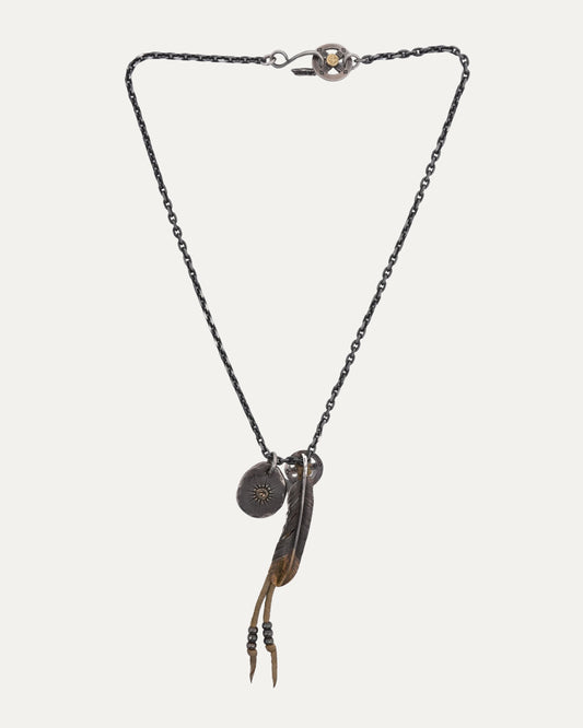 Thunderbird Disk Feather Pendant Necklace with Leather Accent