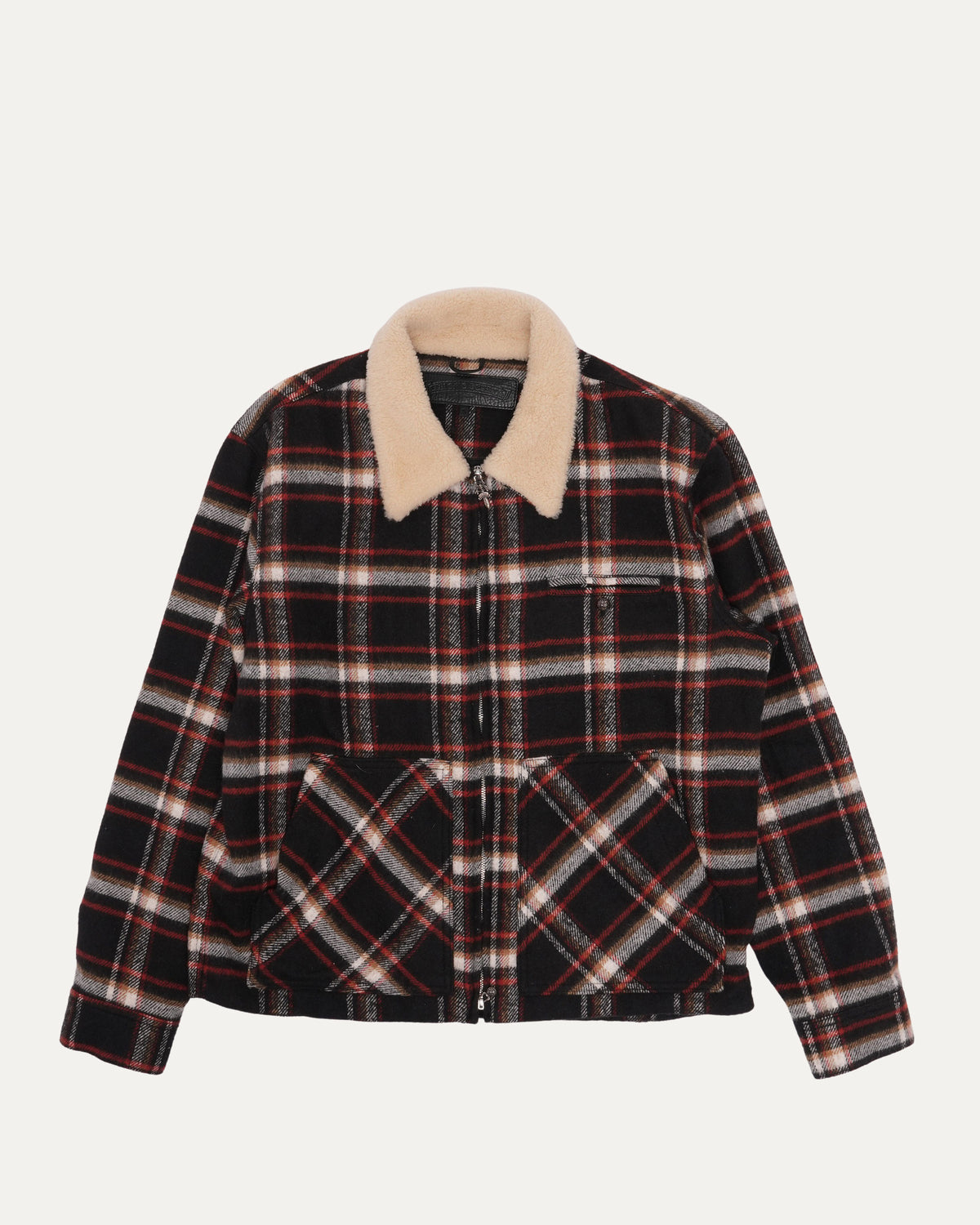 Shearling Collar Flannel Zip Up Jacket