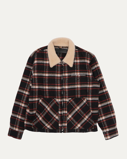 Shearling Collar Flannel Zip Up Jacket