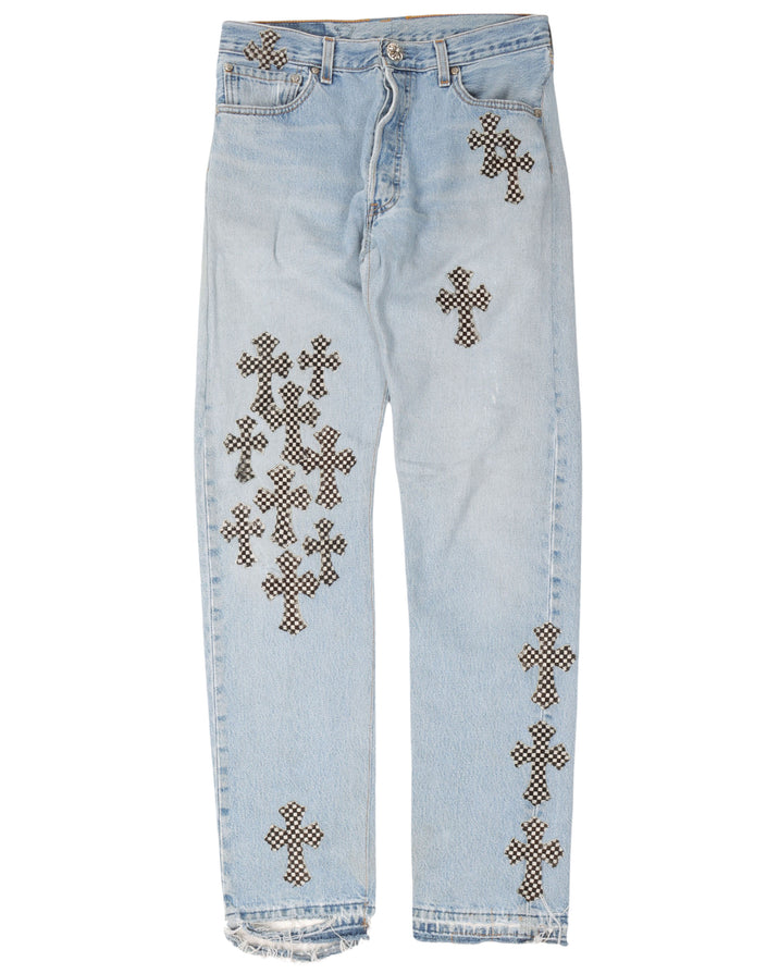 Chrome Hearts White & Blue Leather Cross Patches Jeans - SRM