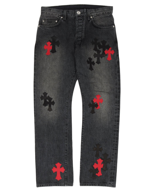Multi Color Cross Patch Faded Jeans