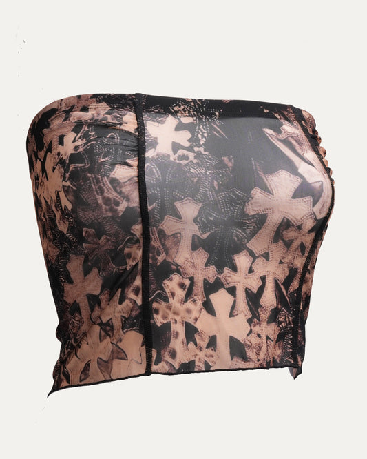 Waterfall Cross Patch Print Mesh Tube Top