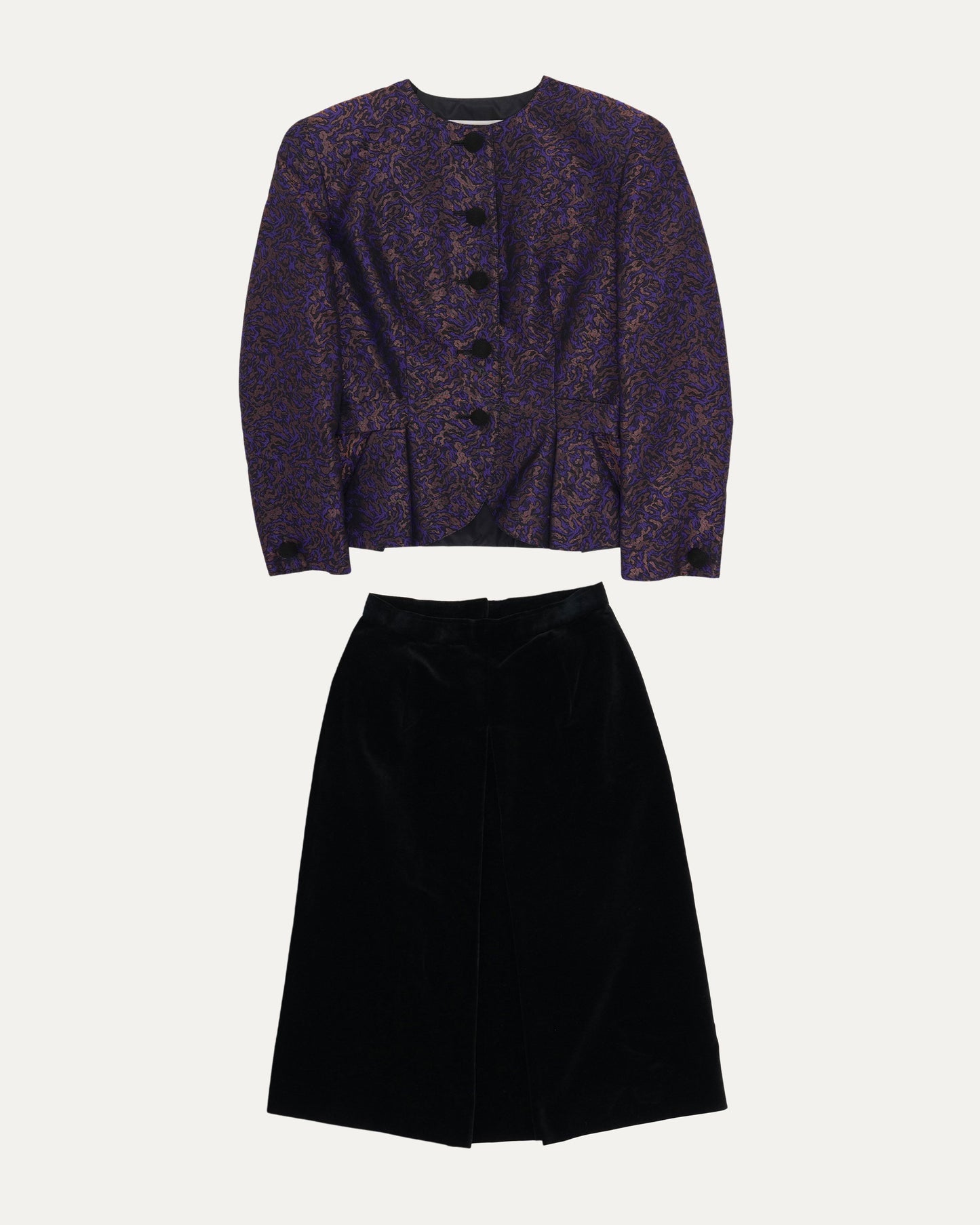 Padded Jacquard Collarless Jacket with Velour Skirt
