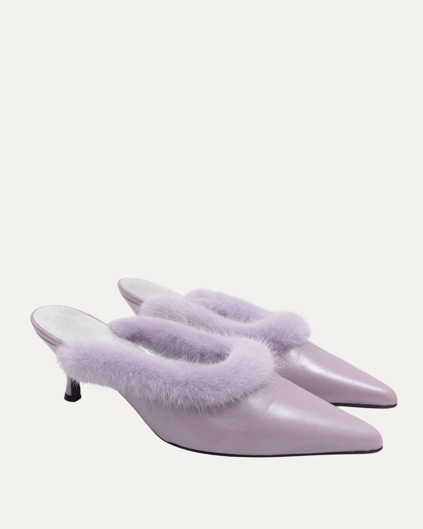 Fur Trimmed Lavender Kitten Heel Mules
