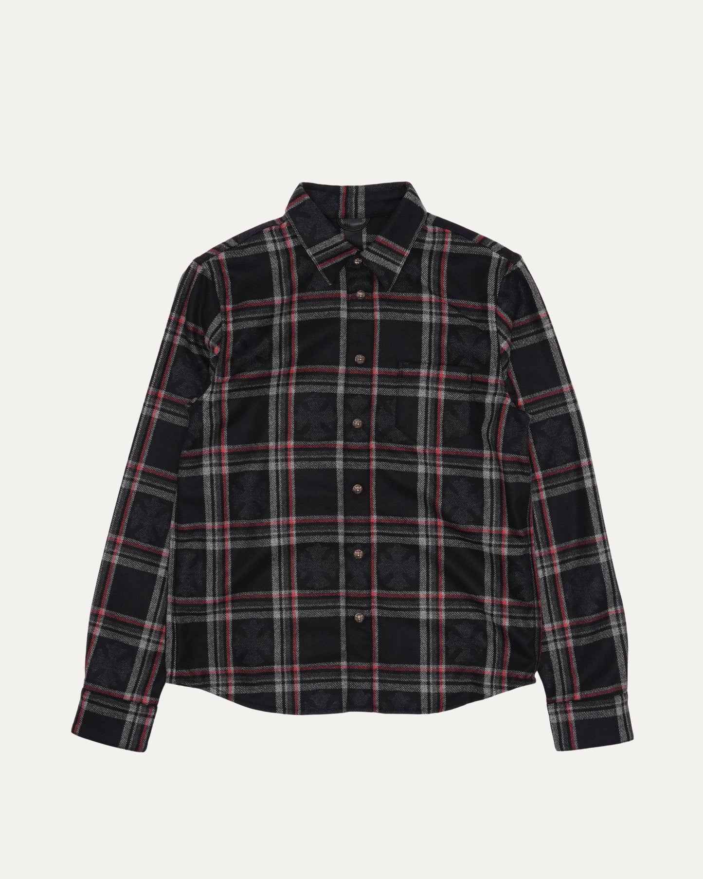 Gas Station Plaid Cashmere Cross Patch Loose Ends Flannel Shirt