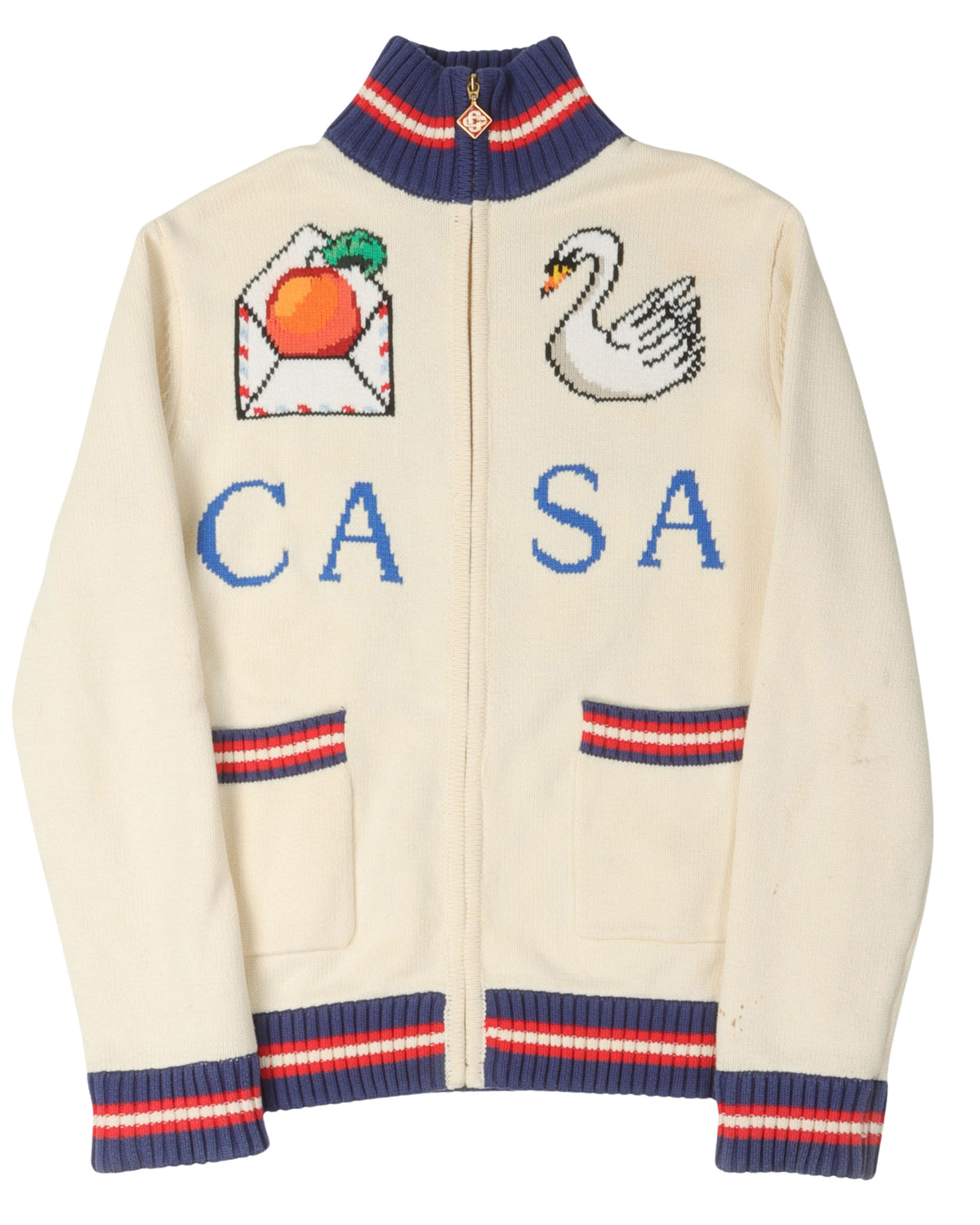 Roll Neck Intarsia Knit Cardigan