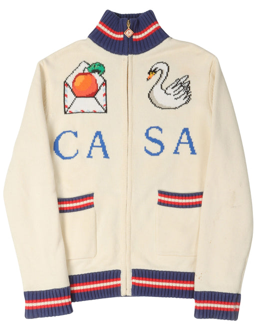 Roll Neck Intarsia Knit Cardigan