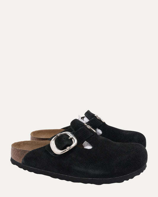 Cross Embellished Birkenstock Boston Suede Mule