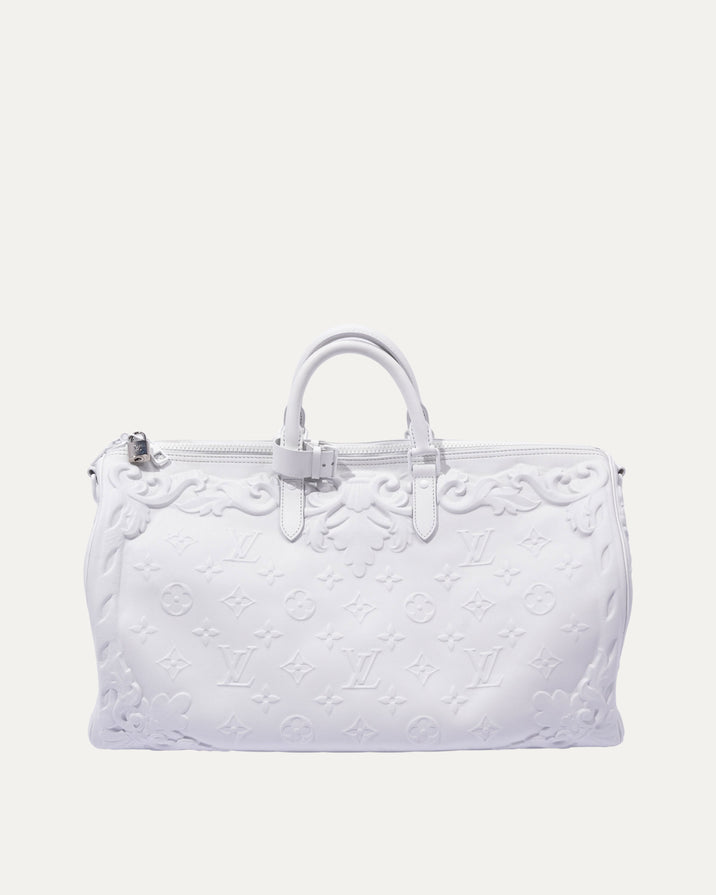 Optic White Embossed Monogram Keepall 50