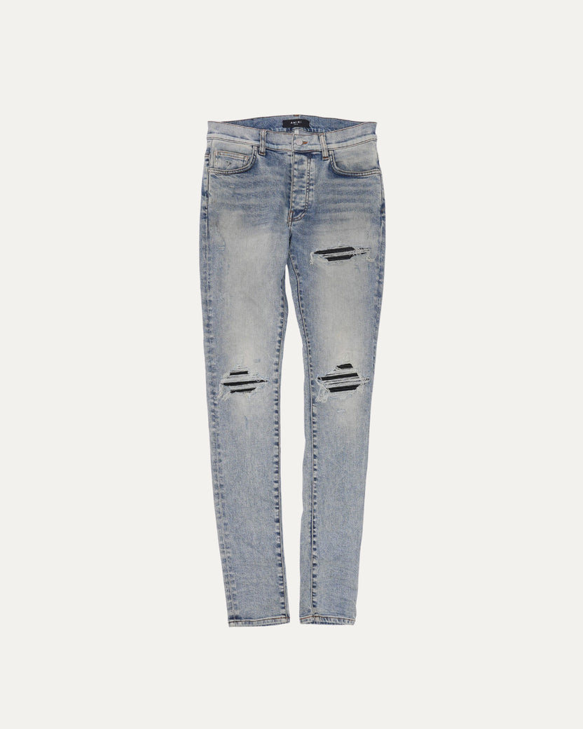 Acid Wash Jeans with Black Leather Biker Repairs