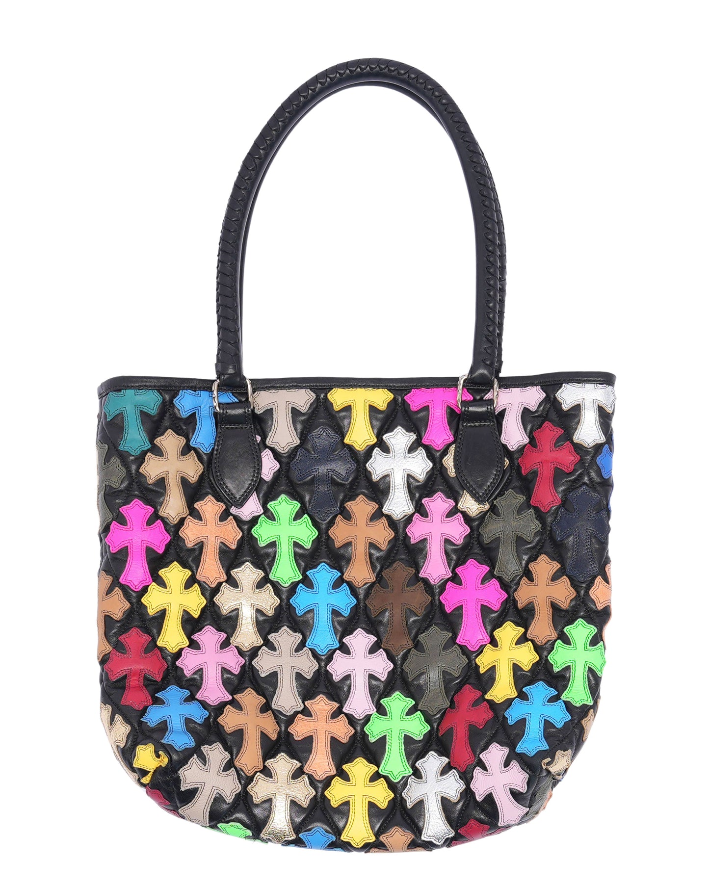 Quilted Leather Multicolor Cross Patch Tote Bag
