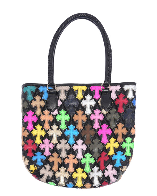 Quilted Leather Multicolor Cross Patch Tote Bag