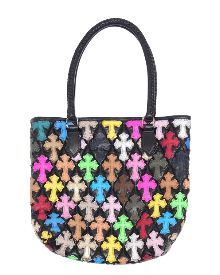 Quilted Leather Multicolor Cross Patch Tote Bag