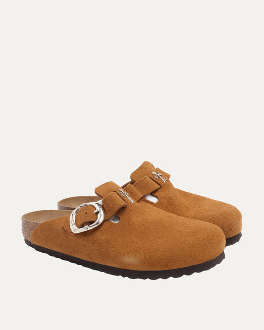 Cross Embellished Birkenstock Boston Suede Mule