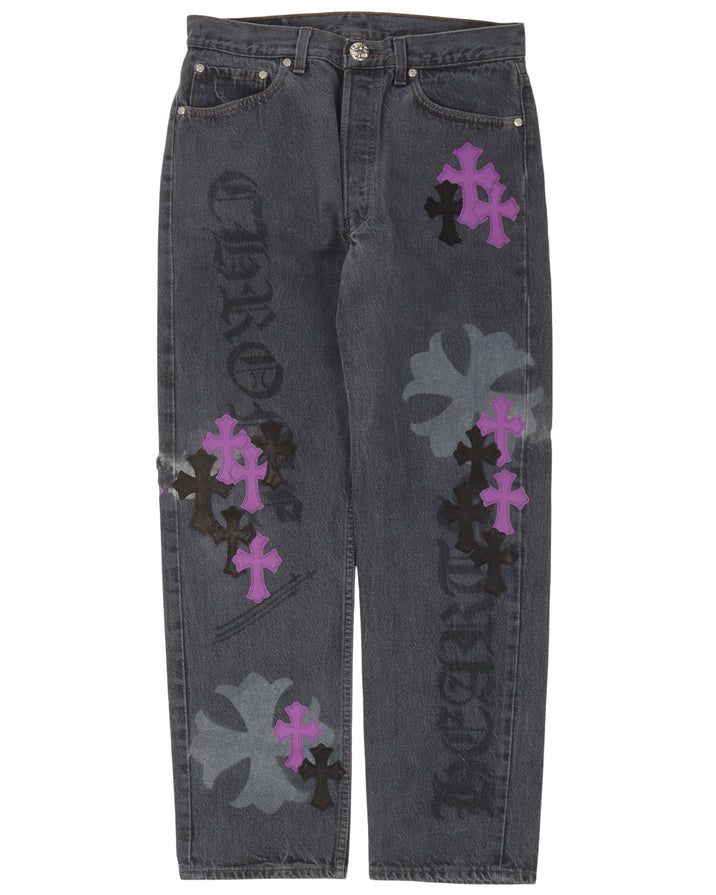Chrome Hearts Pink checkered pony hair cross patch fleur knee denim jeans, c99