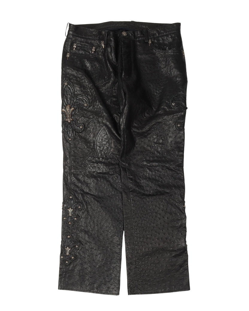 Silver Embellished Ostrich Fleur Knee Leather Jeans