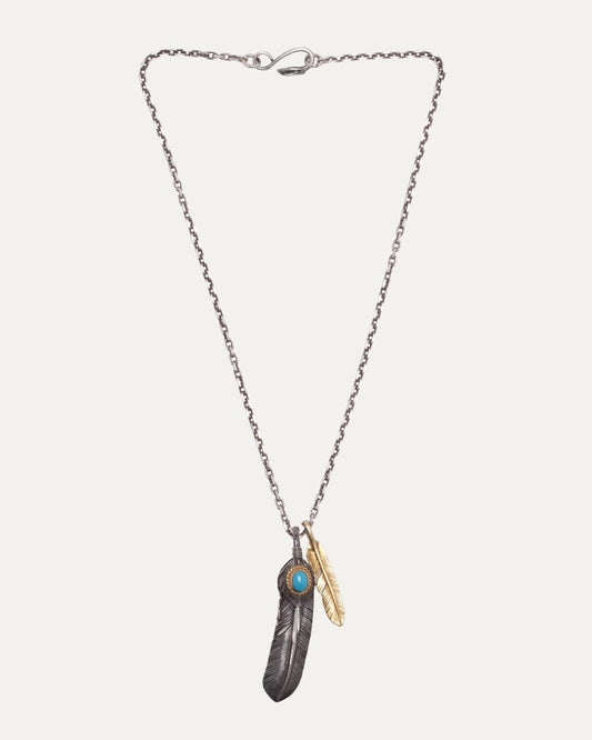 Silver and Gold Double Feather Turquoise Rope Necklace