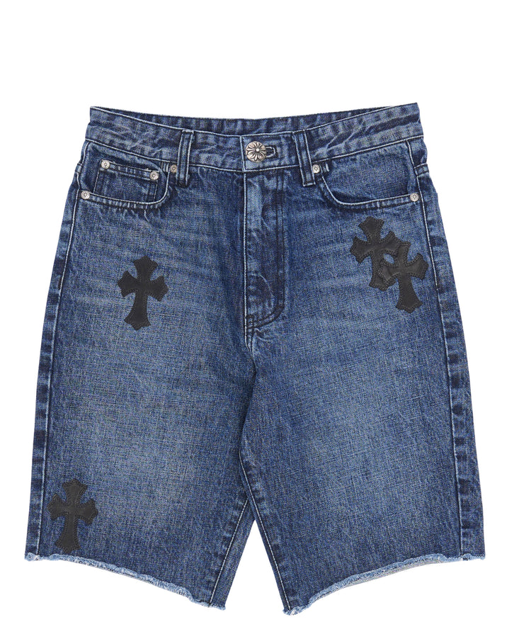 Cross Patch Raw Hem Jean Shorts