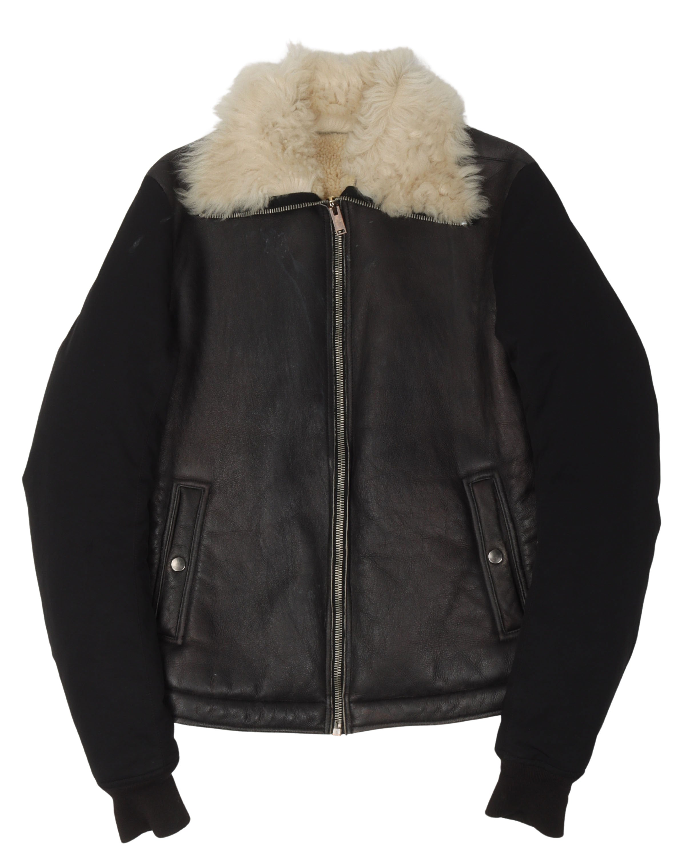 Shearling Leather Jacket w/ Cotton Sleeves