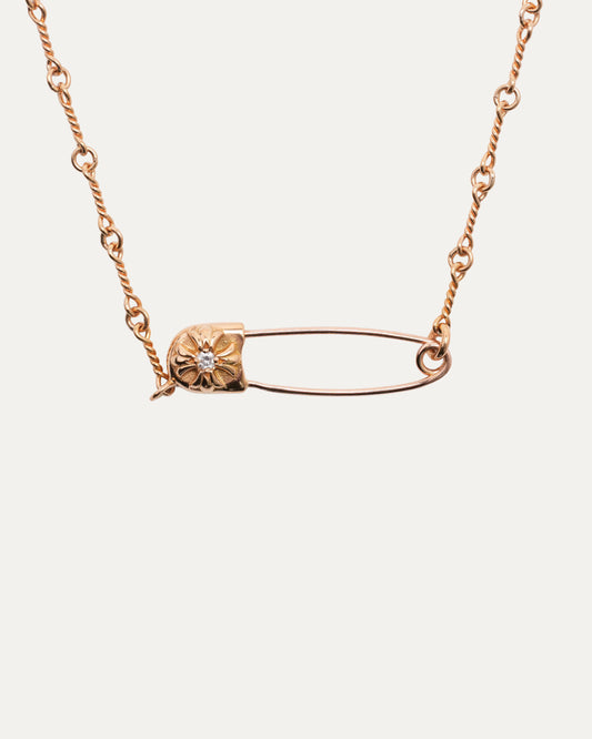 Gold Diamond Safety Pin Twist Chain Necklace