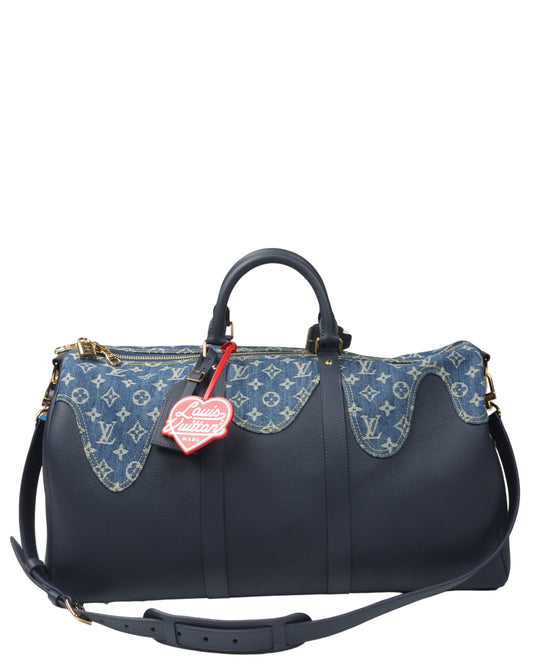 Virgil Abloh NIGO Blue Monogram Denim Drip & Taurillon Keepall Bandoulière 50