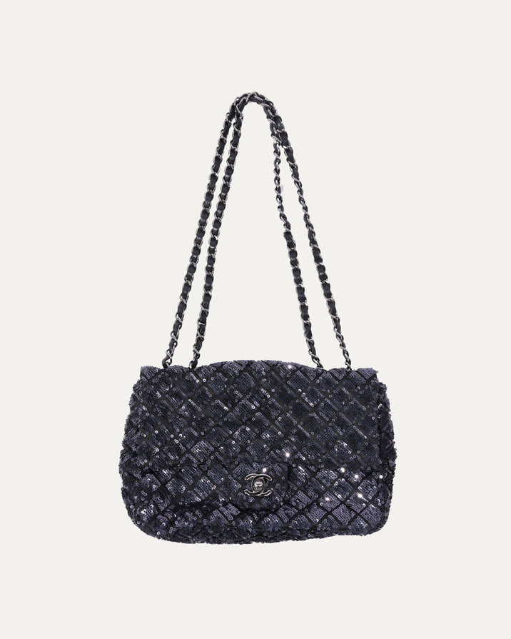 Quilted Sequin Satin Flap Bag