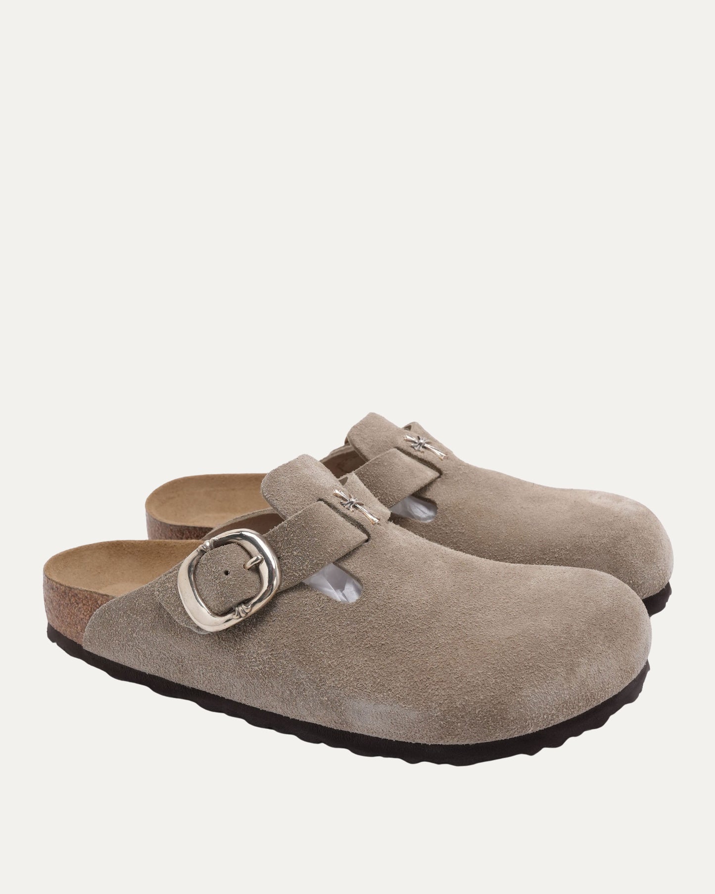 Cross Embellished Birkenstock Boston Suede Mule