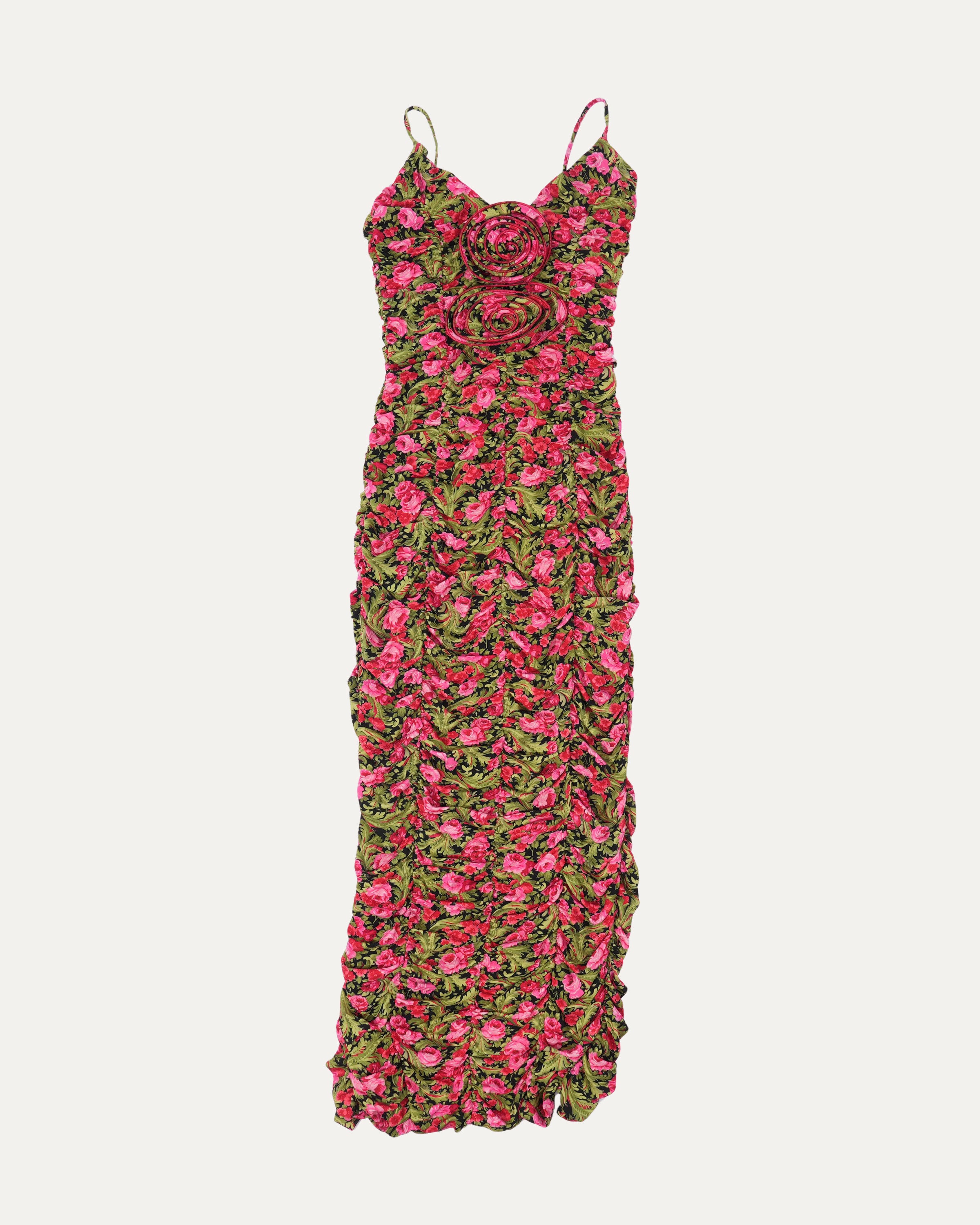 Ruched Floral Appliqué Midi Dress