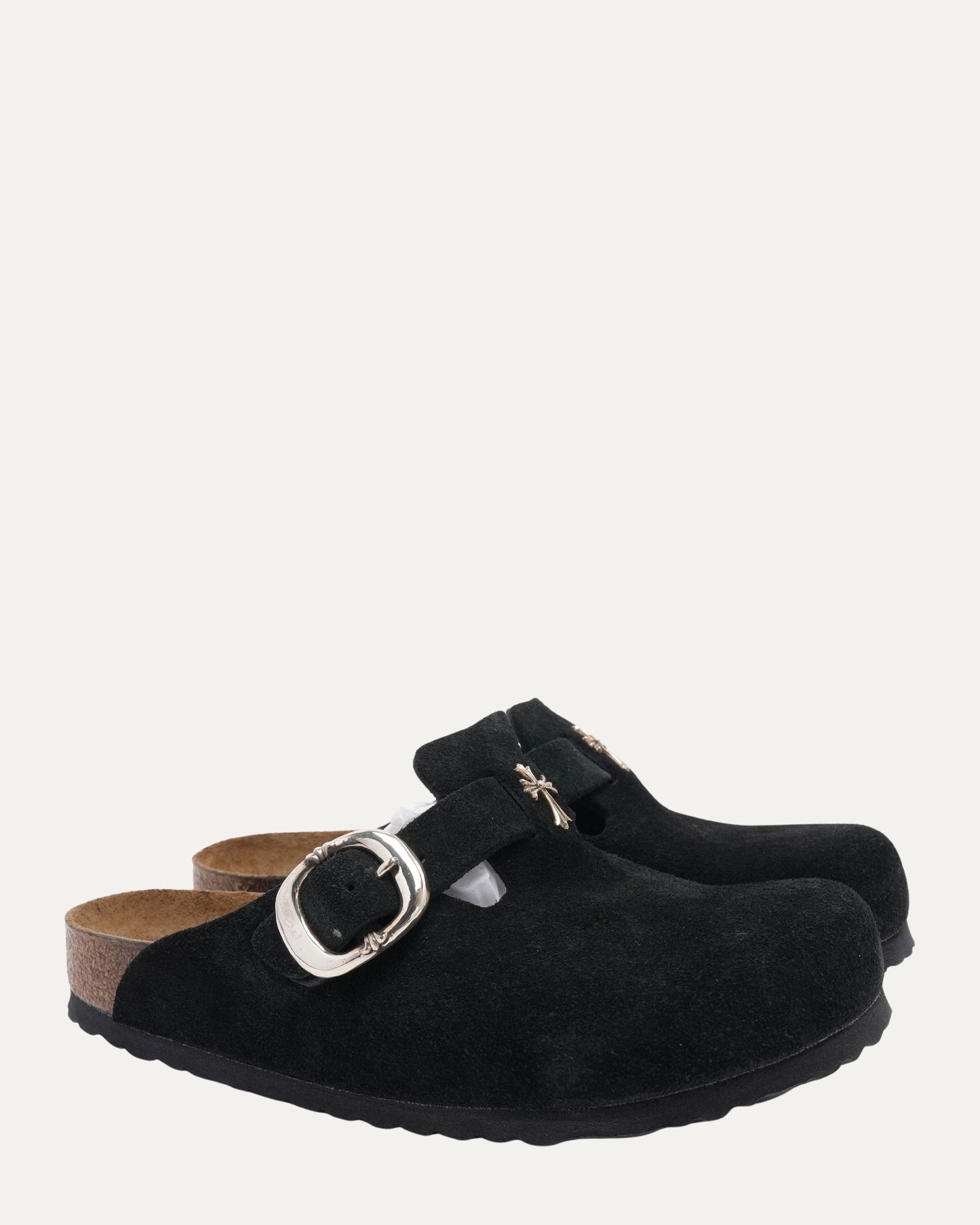 Cross Embellished Birkenstock Boston Suede Mule