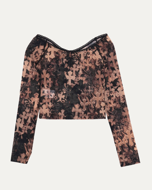 Waterfall Cross Patch Print Mesh Long Sleeve Top