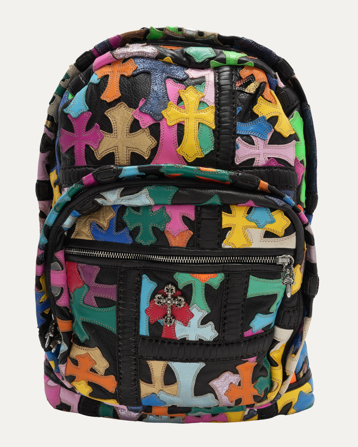 Multicolor Cross Patch Backpack with Filigree Cross Embellishment