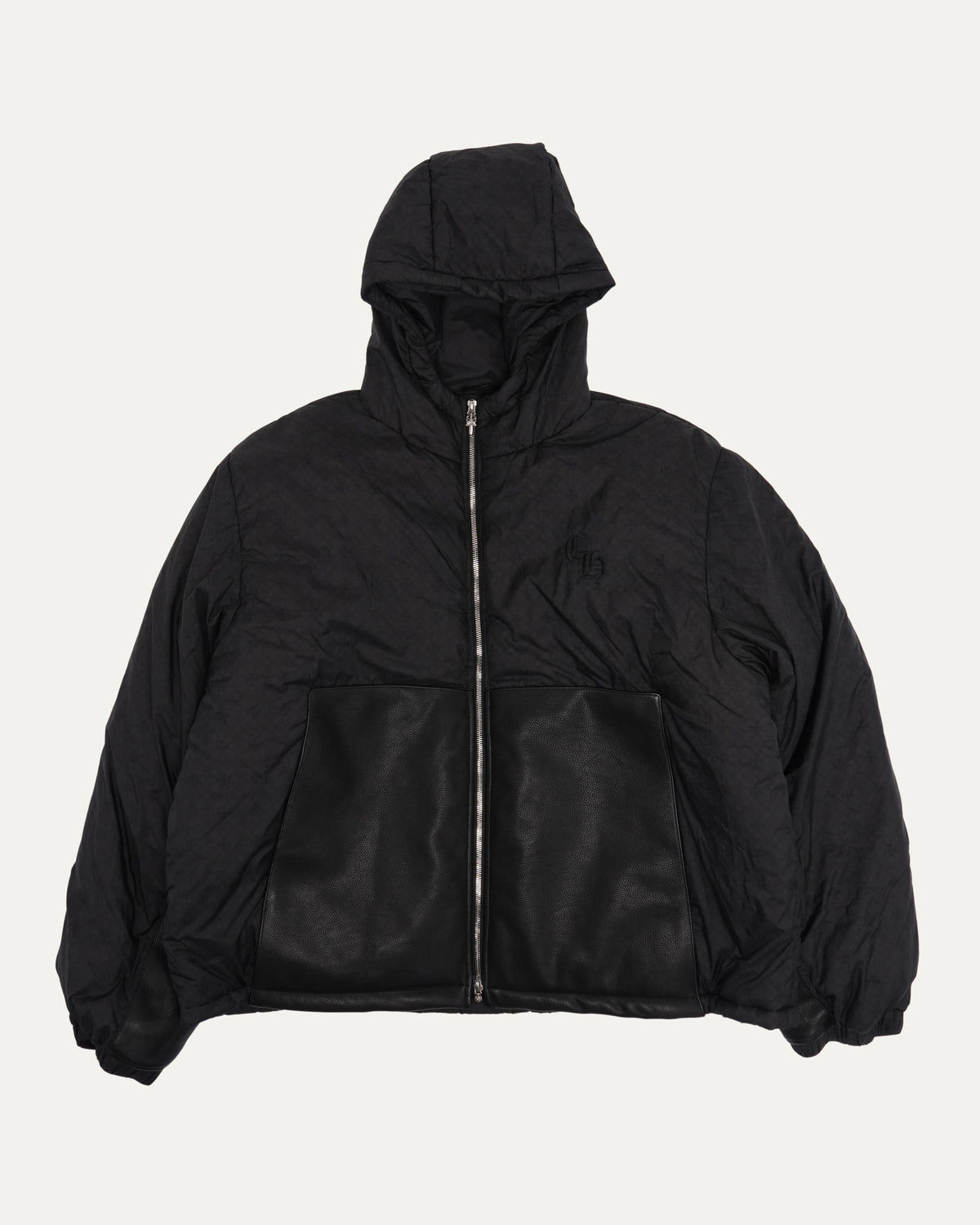 Leather Detail Monogram Hooded Puffer Jacket