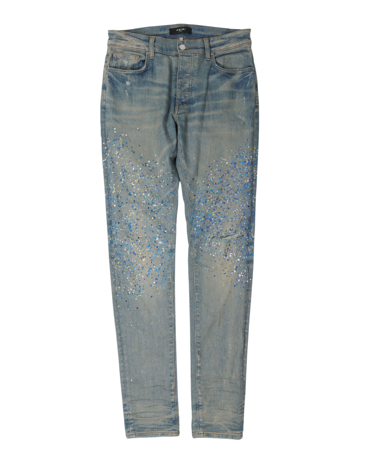 Paint and Rhinestone Embellished Knee Rip Jeans