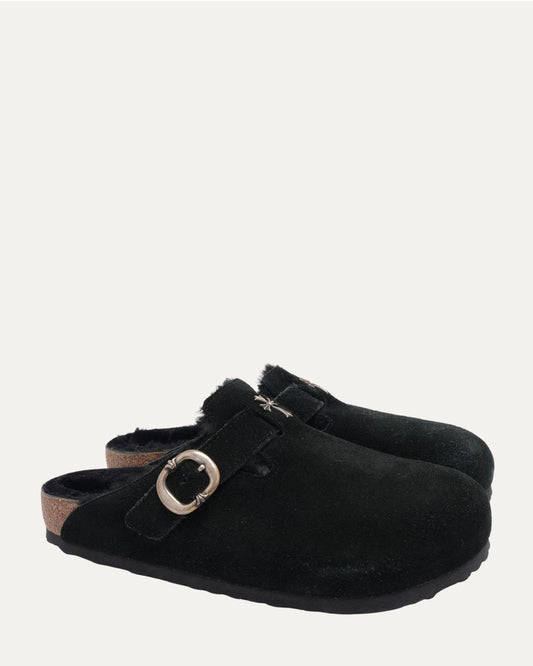 Cross Embellished Birkenstock Boston Shearling Lined Suede Mule
