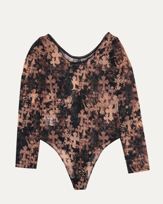 Waterfall Cross Patch Print Mesh Body Suit