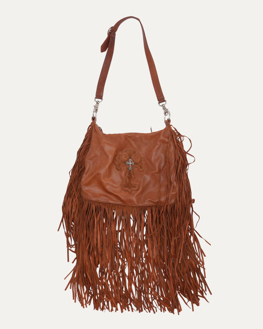 Filigree Cross Embellished Fringe Hobo Bag