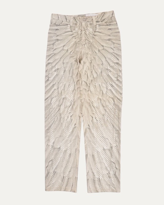 Feather Print Jeans With Transparent Shimmer