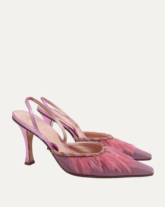 Vintage Feather And Bead Embellished Heels