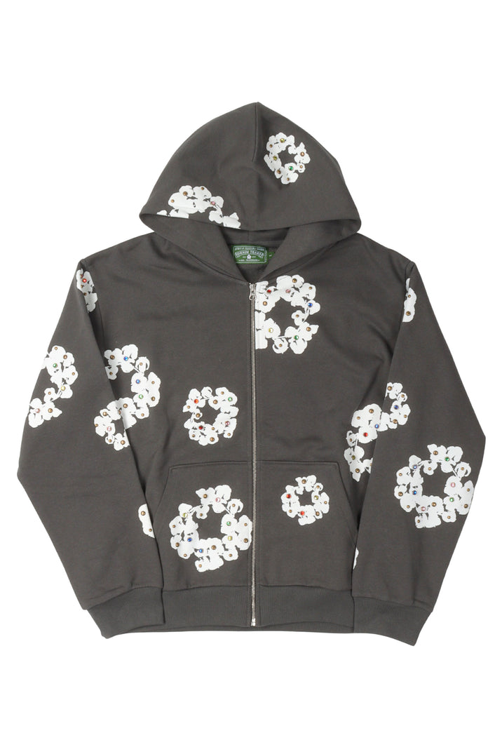 Rhinestone Cotton Wreath Zip Hoodie