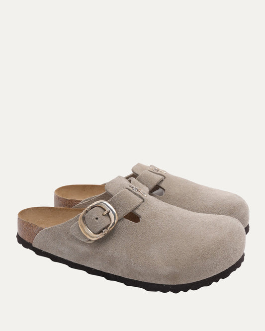 Cross Embellished Birkenstock Boston Suede Mule