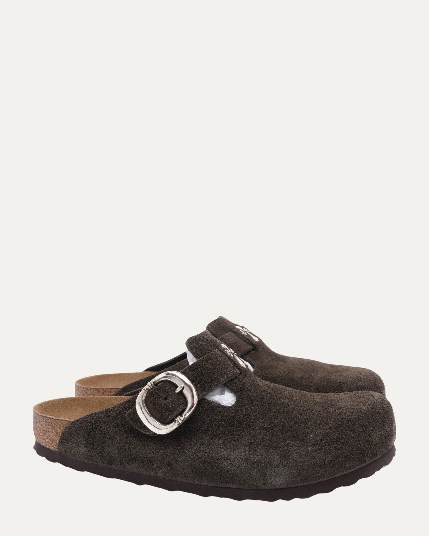 Cross Embellished Birkenstock Boston Suede Mule