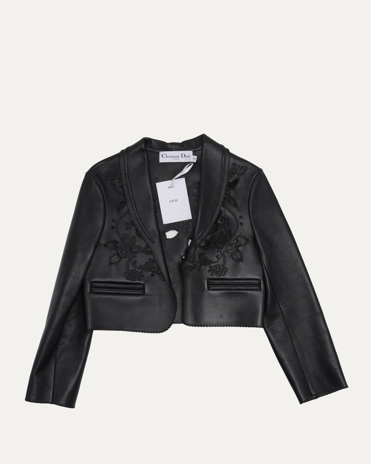 Floral Cutwork Cropped Leather Jacket