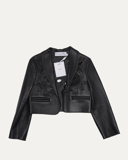 Floral Cutwork Cropped Leather Jacket