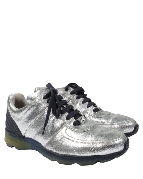 Chanel Metallic Silver Cracked Leather Trainer Sneaker