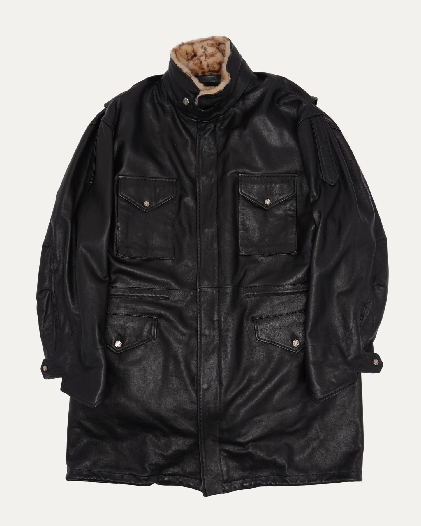 Leather Trench Coat with Printed Fur Lining