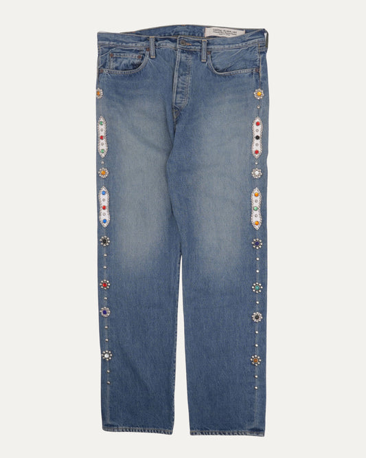 Monkey Cisco Straight Leg Leather Trimmed Embellished Jeans