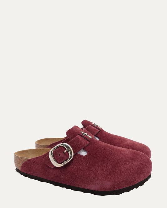 Cross Embellished Birkenstock Boston Suede Mule