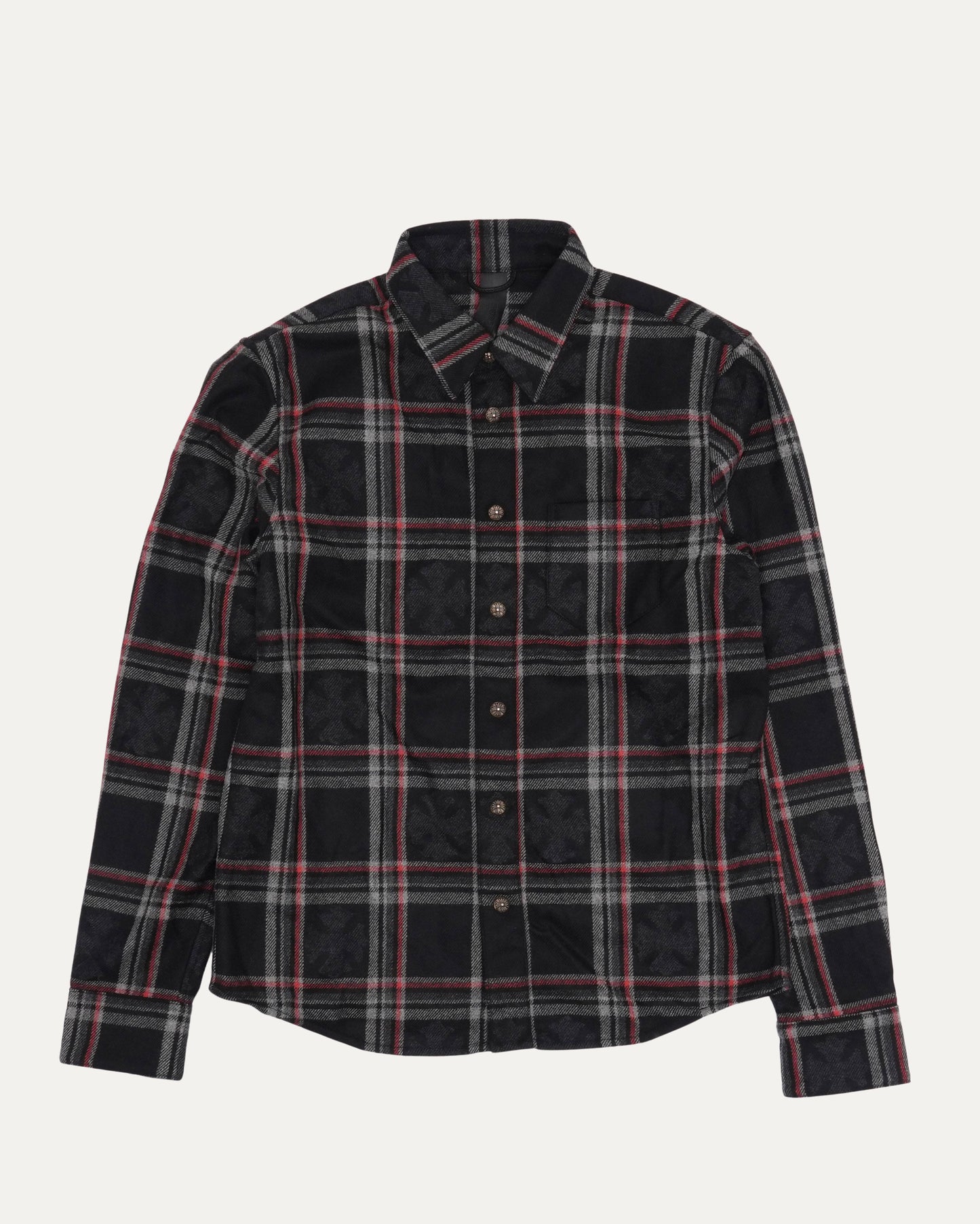 Gas Station Plaid Cashmere Cross Patch Loose Ends Flannel Shirt