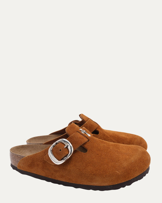 Cross Embellished Birkenstock Boston Suede Mule