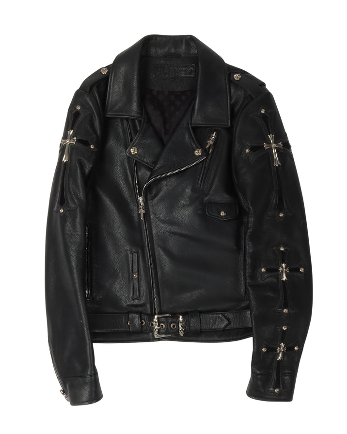 Silver Embellished Cross Patch Double Rider Jacket